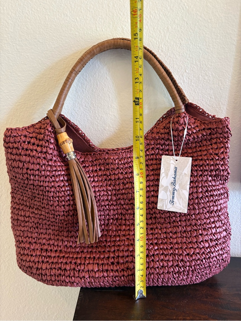 Tommy Bahama Maroon Woven Tote with Leather Tassel - Picture 3 of 5